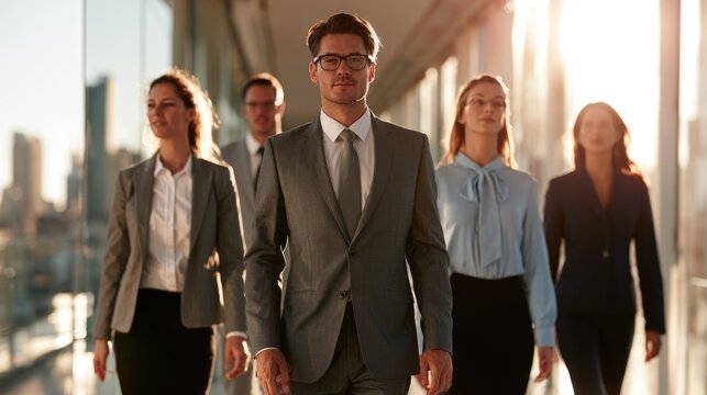Confident Business Leaders March Forward: A diverse group of stylish professionals, led by a man in a sharp suit and glasses, stride confidently into the future.