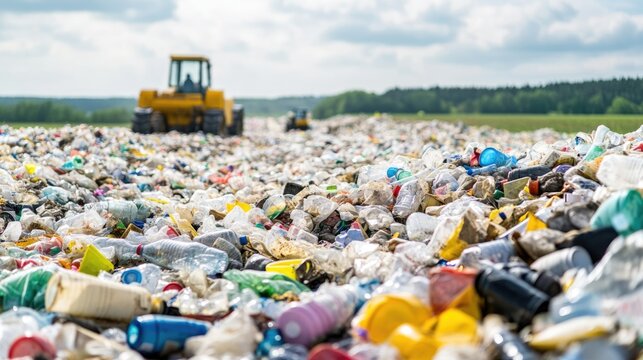 Landfill waste with bulldozer: Mountains of mixed waste, including plastic bottles and debris, fill a vast landfill.