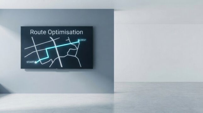 Route Optimisation Map With Highlighted Path on Wall Monitor