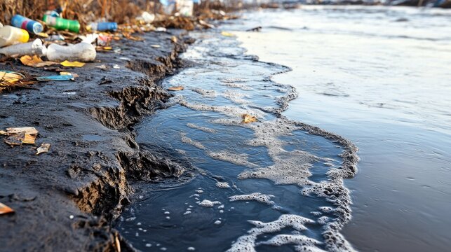 Pollution on the Shoreline: Plastic bottles and other debris litter the dark, muddy shoreline as gentle waves lap against the polluted coast, highlighting the stark reality of environmental damage.