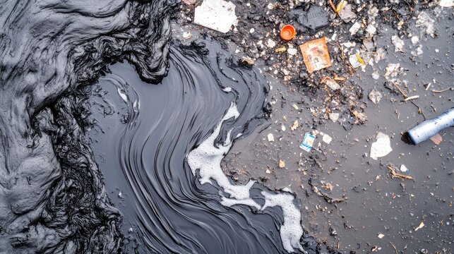 Environmental Catastrophe: A stark close-up reveals the devastating impact of pollution, with dark, viscous oil coating a polluted surface littered with debris and waste.