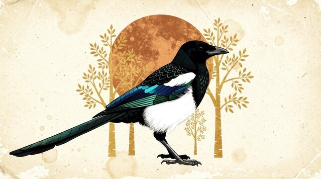 European magpie profile in a stylized landscape. Digital illustration with gold trees and sun on aged paper. Symbolic wildlife art for nature branding and decorative print media.
