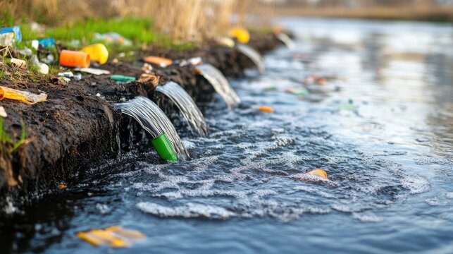 Polluted Waterway: Industrial waste and plastic debris contaminate a flowing river, highlighting the severe environmental impact of pollution and the urgent need for conservation.