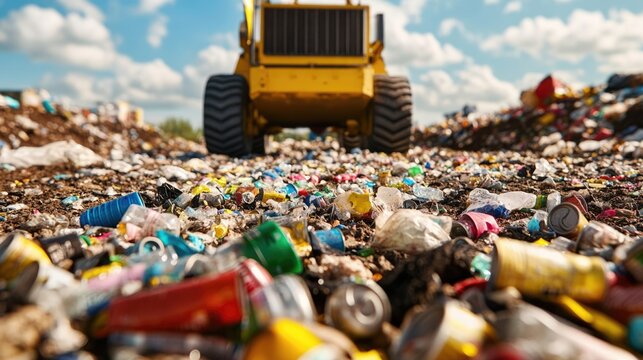 Landfill Overload: A powerful bulldozer compacts immense piles of garbage at a sprawling landfill, under a vast blue sky dotted with white clouds, highlighting the global waste crisis.