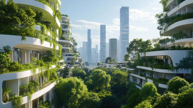 Futuristic Eco-Cityscape: A breathtaking vision of a sustainable urban future, where towering modern skyscrapers are harmoniously integrated with lush vertical gardens and abundant greenery.