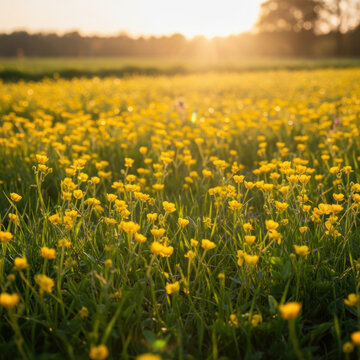 Yellow Buttercup Wildflowers Field in Meadow at Sunset Golden Hour, Blooming Spring Landscape, Soft Bokeh Backlight, Rural Countryside