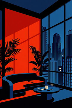 Luxury Penthouse Interior with City Skyline View Art Deco Style, Modern Living Room, Night Metropolis, Noir Atmosphere