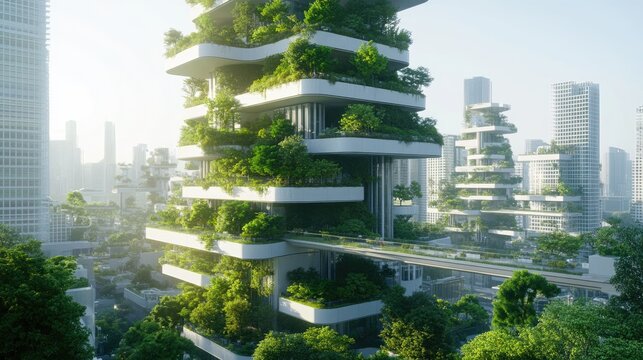 Green Oasis Skyscraper: A visionary eco-friendly skyscraper, draped in lush vegetation, rises majestically in a modern city.
