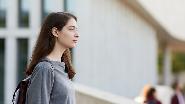 Young woman student carrying backpack, thinking and looking away with a pensive expression, representing education, contemplation, and future planning at campus, copy space