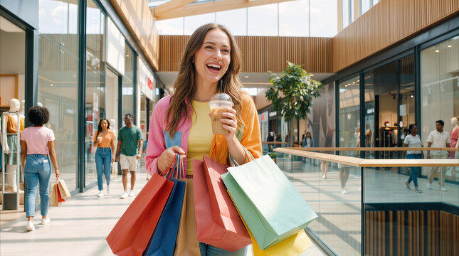 Millennial shopper laughing while carrying colorful paper bags and iced coffee in modern mall. Retail therapy and leisure activity during weekend shopping spree.