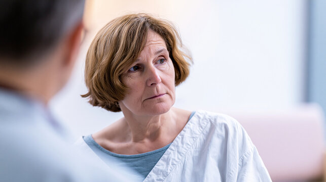 Middle aged woman in hospital gown listening intently to unseen doctor or healthcare professional during a medical consultation, showing serious concern and focus on health information, copy space