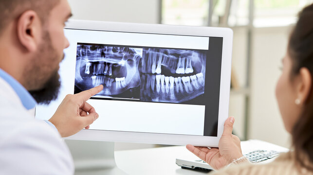 Dentist discussing panoramic dental x ray with patient during a consultation, explaining diagnostic findings for effective oral health treatment planning