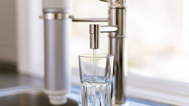 Filtered clean fresh drinking water filling a glass from a modern kitchen tap faucet, symbolizing hydration, purification, and a healthy lifestyle, copy space