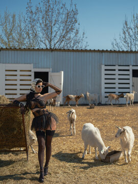 Asian woman in black lace lingerie posing near hay feeder on goat farm