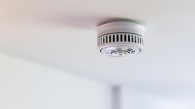 Smoke detector fixed on a white ceiling ensuring fire safety and protection, providing an early warning system for emergencies in a modern building, copy space