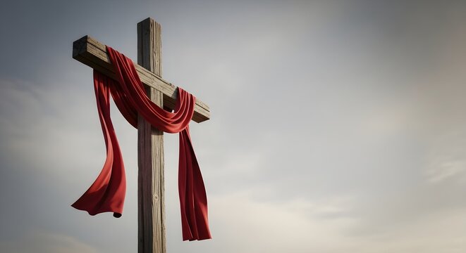 Easter Wooden Cross Draped with Red Cloth against Dramatic Sky, Christian Symbol of Jesus Christ Crucifixion and Resurrection, Good Friday, Holy Week, Sacrifice, Salvation and Faith