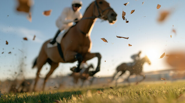 Velka Pardubicka Horse Racing Steeplechase Competition Action with Flying Leaves at Golden Sunset