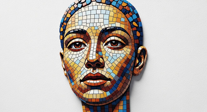 Mosaic portrait of a woman's face with colorful tiles on a white background