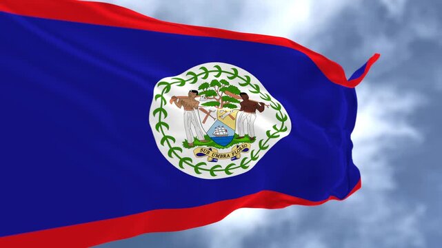 Belize National Flags Waving with Sky Background.