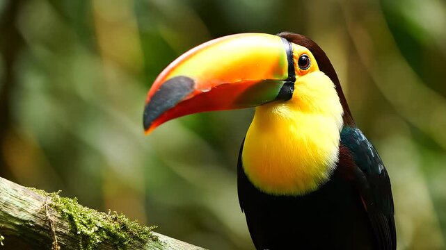 Close up portrait of a vibrant keel billed toucan perched on a mossy tropical tree branch in the lush rainforest wilderness