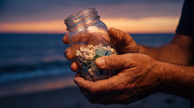 Hands holding a glass jar filled with collected small seashells and бирюзовый sea glass on a beach at sunset