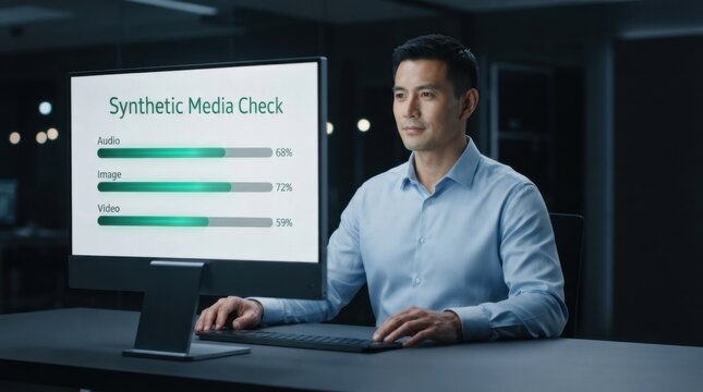 Person at Monitor With Synthetic Media Check Progress Bars