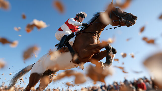 Equestrian Jockey Riding a Horse During the Intense Velka Pardubicka Steeplechase Competition Event