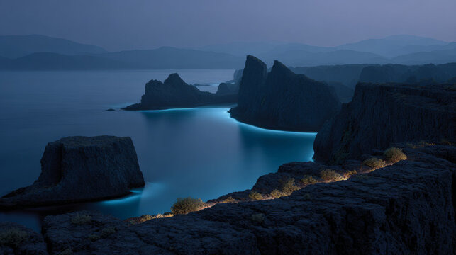 Jagged sea stacks and basalt coastal cliffs border glowing blue ocean waters at twilight.