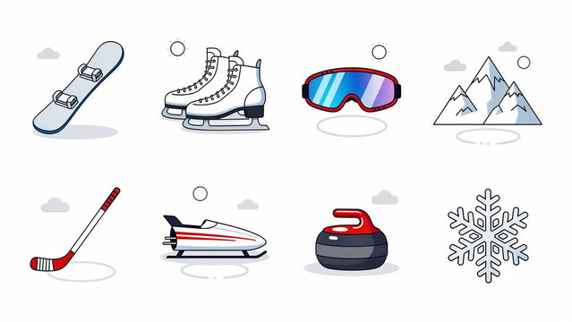 Flat vector icons of winter sports equipment like snowboard, skates, and goggles. Illustrations featuring hockey, curling, and bobsleigh gear. Cold weather recreation and athletic event concept.