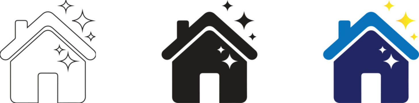 A collection of house cleaning icons representing residential maintenance, hygiene, and domestic sparkle, featured in linear, solid, and colorful flat design styles.