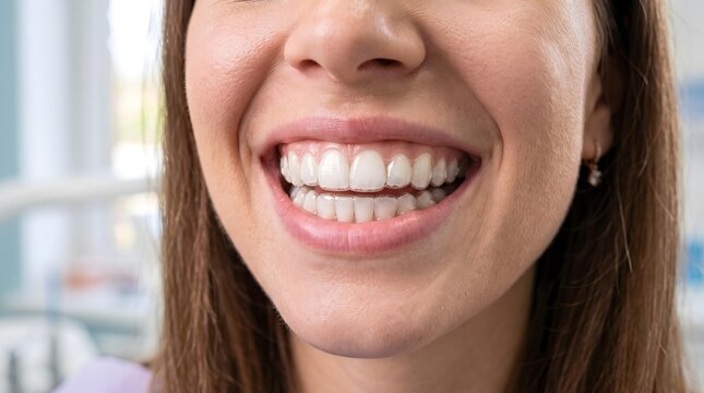 Close-Up of Woman Showing Healthy White Teeth and Natural Smile in Dental Care Concept
