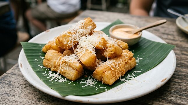 Golden Crispy Deep Fried Cassava Root Sprinkled with Grated Cheese Served on White Plate with Banana Leaf cassava yuca fried crispy golden cheese grated snack appetizer plate food dish cuisine staple