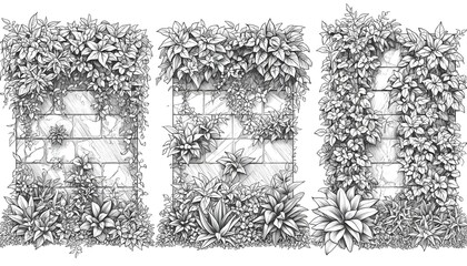 Obraz premium Vertical Garden Wall with Ivy and Plants Line Art Set Transparent Background
