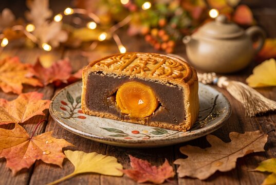 Close-up macro of a sliced mooncake showing a golden salted egg yolk