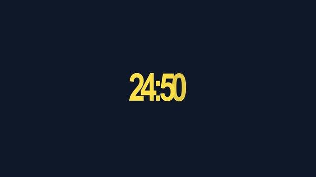 Clear Digital Countdown Display with Bold Yellow 24 Minutes and 50 Seconds on a Dark Blue Background, Perfect for Timed Sequences