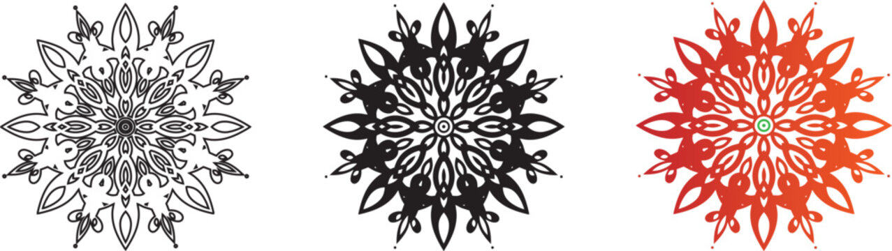 A set of three intricate mandala designs featuring ornate circular floral patterns in outline, solid black, and vibrant red colors for artistic spiritual decoration