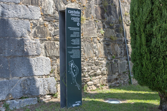 Abrantes castle information sign near fortress wall
