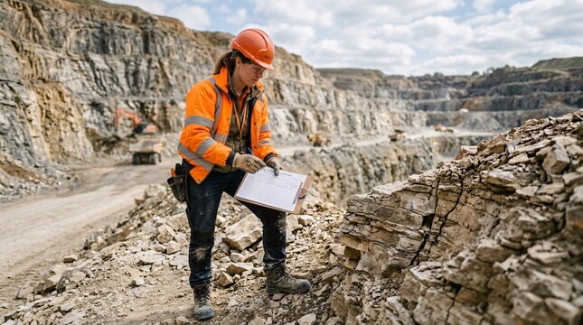 Professional female geologist in a bright orange high visibility jacket examines a rocky quarry landscape with a clipboard outdoors.