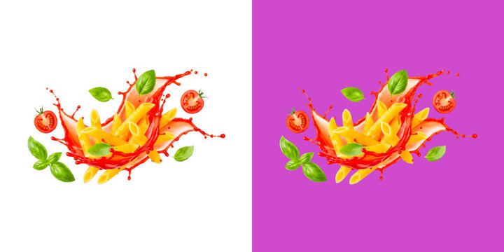 Fresh penne pasta with tomato sauce splash and basil leaves food design transparent png
