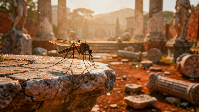 Macro view of a mosquito resting on ancient stone ruins at sunset. Large insect perched amidst classic Roman columns and marble statues. Concept of nature reclaiming history and pest control utility.