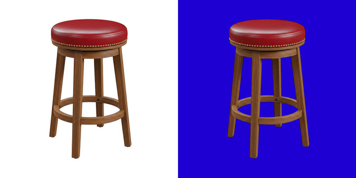 Classic wooden bar stool with a red round leather seat cushion transparent png