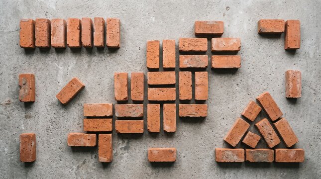 Red clay bricks arranged in various geometric shapes and patterns on a grey concrete floor, composition, construction material texture, building block elements
