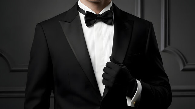 Elegant man in black tuxedo and bow tie wearing formal gloves for luxury event