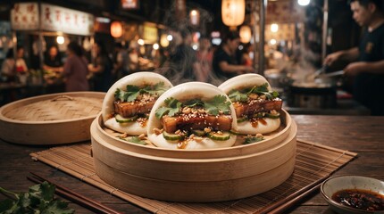 Fototapeta premium Steamed bao buns with pork and vegetables in a market setting 