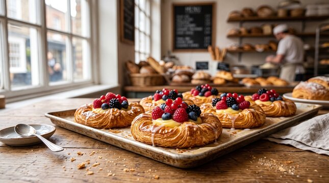 Danish pastries topped with fresh berries on a bakery tray  
