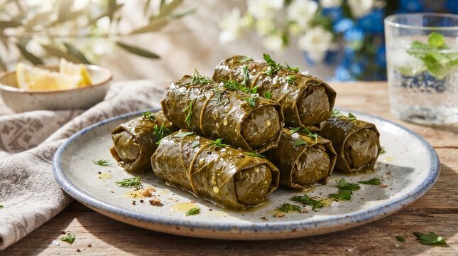 Greek dolmades rolled in grape leaves with lemon and herbs  