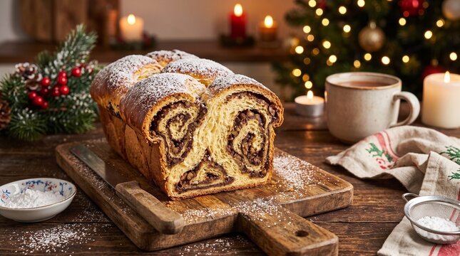 Sliced sweet bread loaf on a wooden board with holiday decorations  