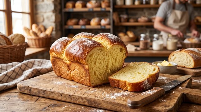 Sliced brioche bread loaf on wooden cutting board in bakery  