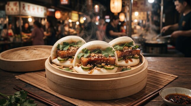 Steamed bao buns with pork and vegetables in a market setting  