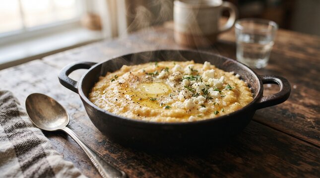 Creamy soup in a cast iron pot on a rustic wooden table  